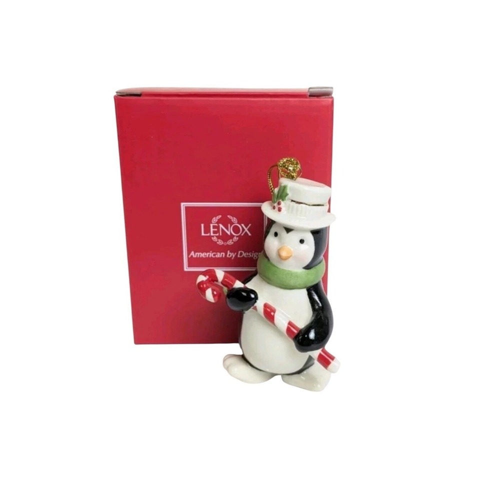 Lenox Penguin with‎ Candy Cane Porcelain Christmas Ornament Ivory Green Red Box